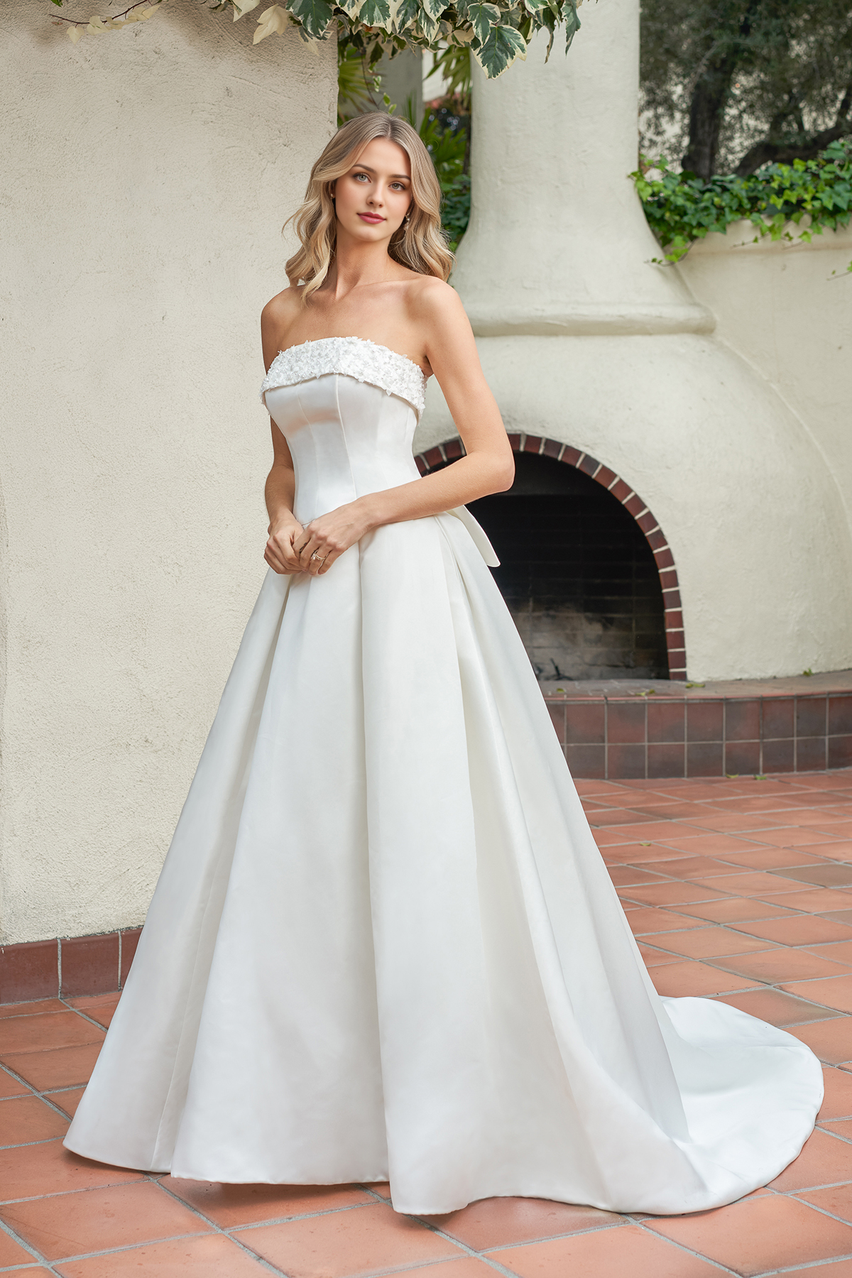 A-line off shoulder collar sleeveless bow decoration backless and floor length wedding dress